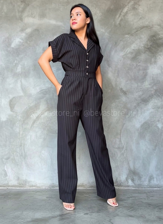 Enterizo Flare negro de rayas blancas