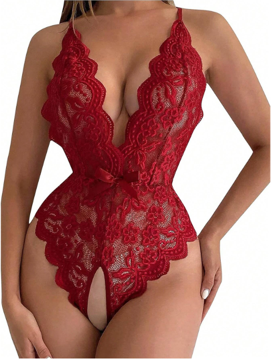Lencería Roja Sexy Para Mujer Con Cuello Halter, Encaje, Body Sin Espalda Con Tanga