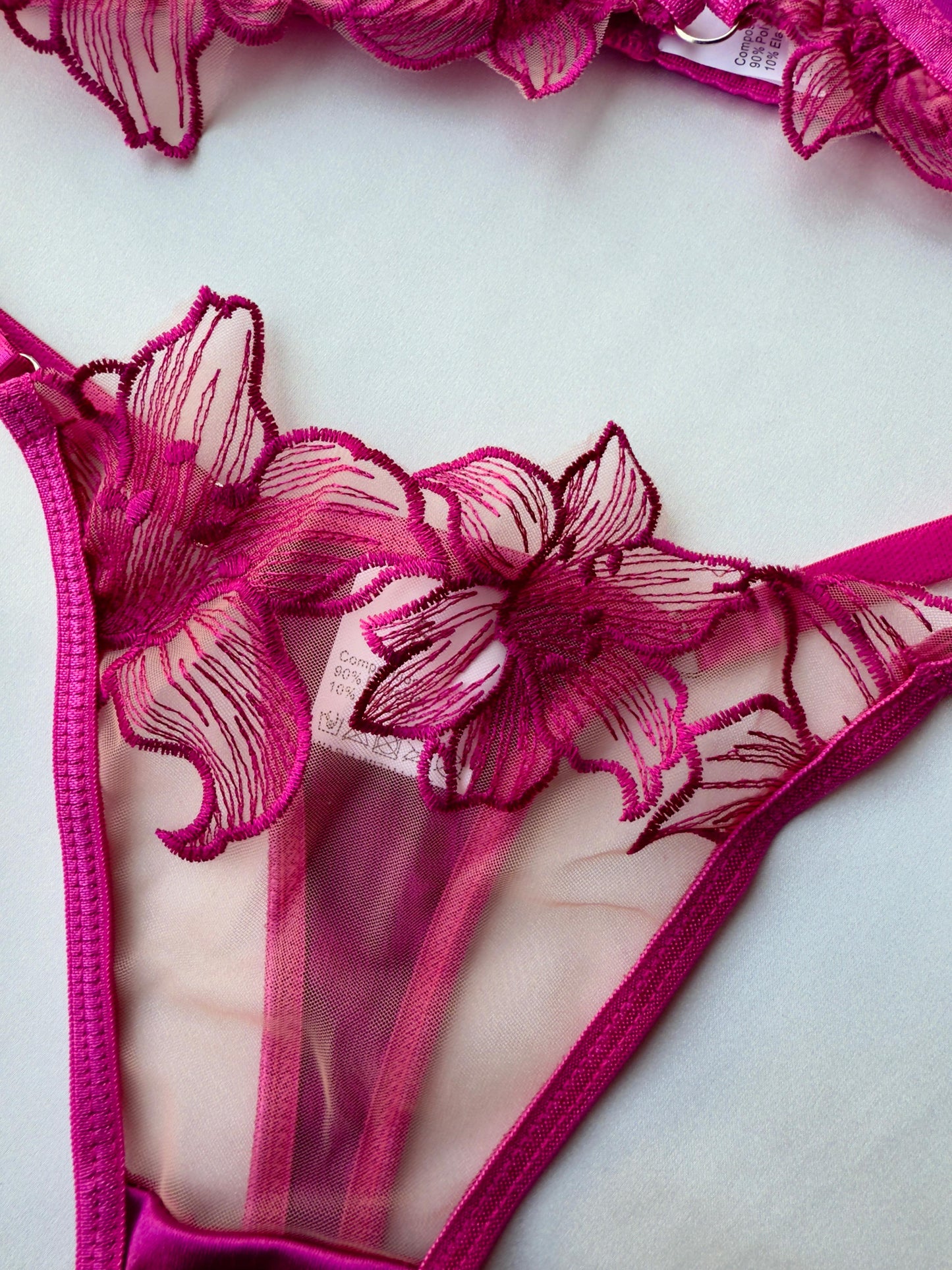 Lenceria rosado bloque de color calado y bordado 2 piezas