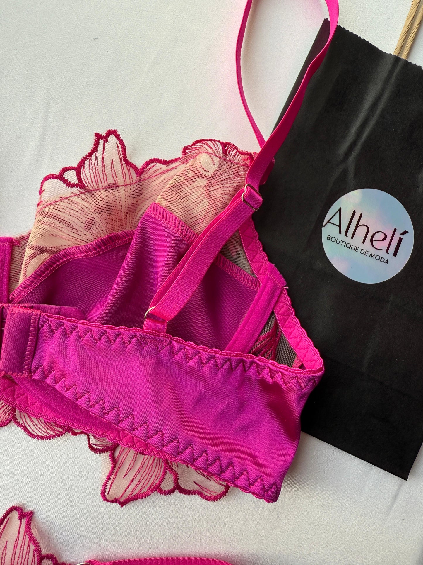 Lenceria rosado bloque de color calado y bordado 2 piezas