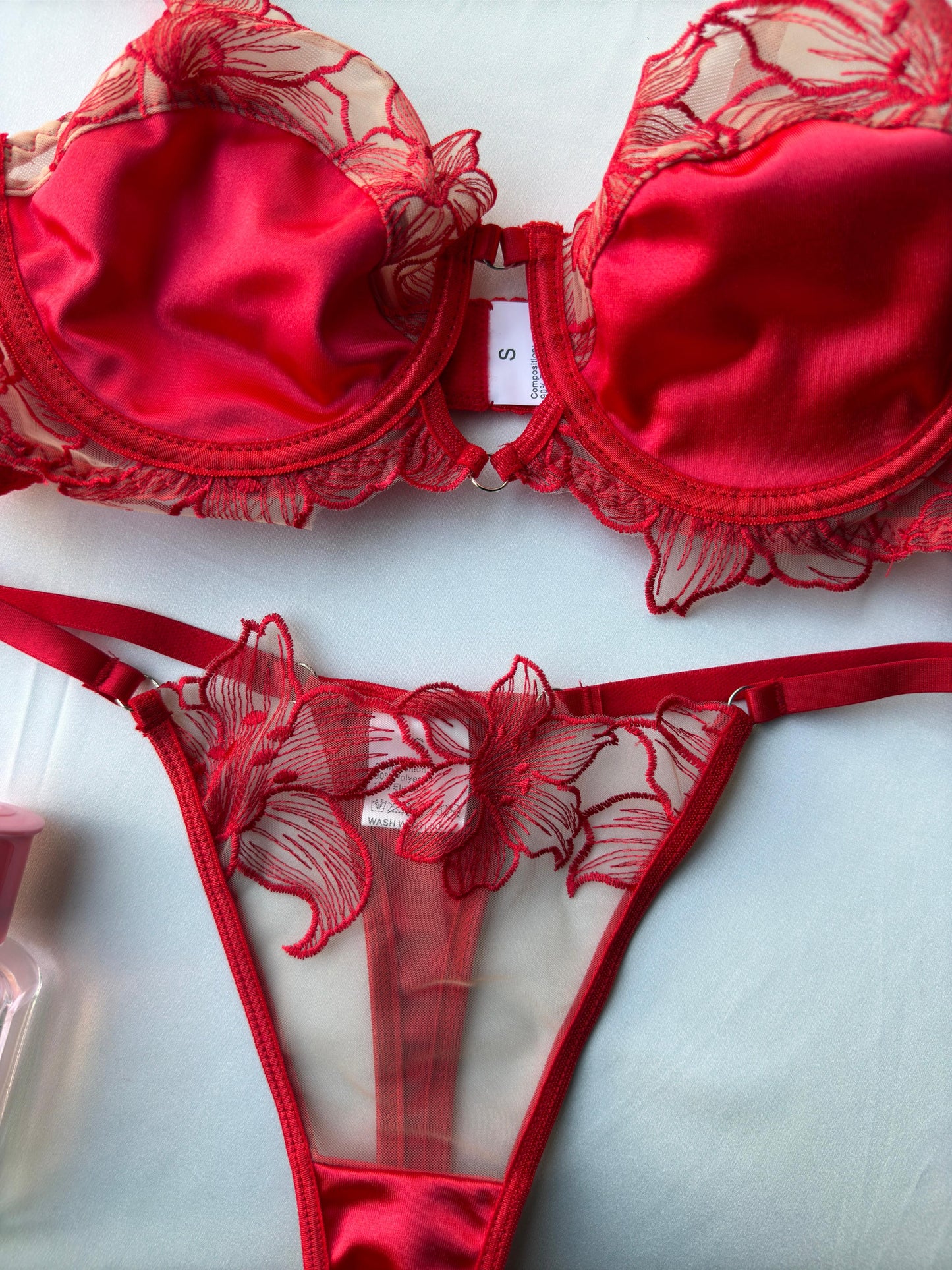 Lencería rojo bloque de color calado y bordado 2 piezas