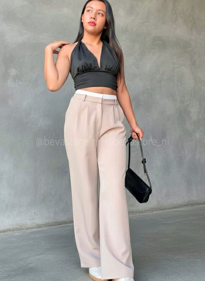 Pantalón recto con detalle de bóxer Beige