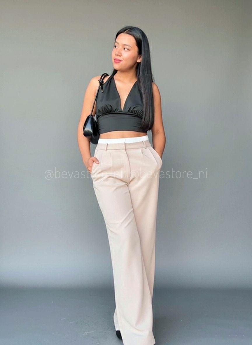 Pantalón recto con detalle de bóxer Beige