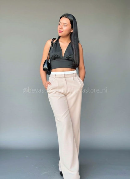 Pantalón recto con detalle de bóxer Beige