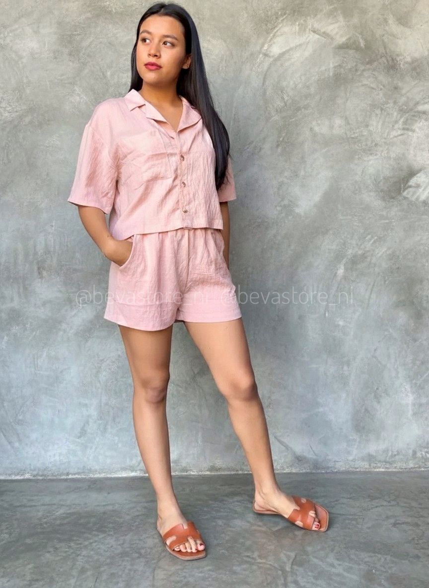 Conjunto Short Lino Rosa y Beige