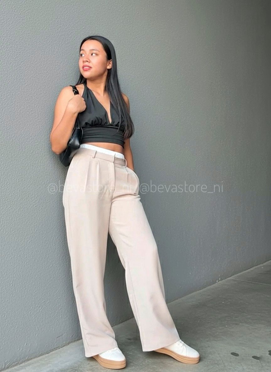 Pantalón recto con detalle de bóxer Beige