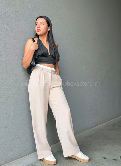 Pantalón recto con detalle de bóxer Beige