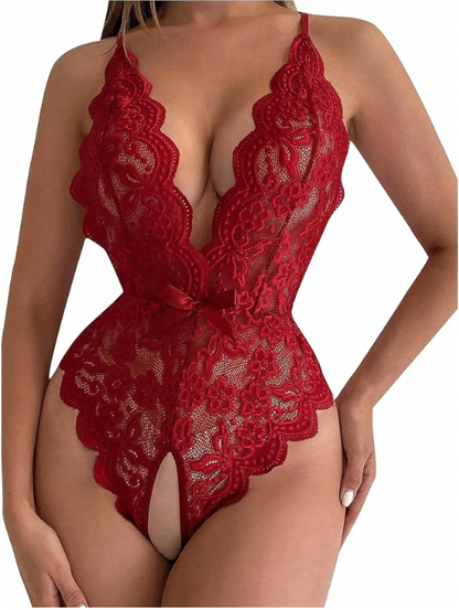 Lencería Roja Sexy Para Mujer Con Cuello Halter, Encaje, Body Sin Espalda Con Tanga