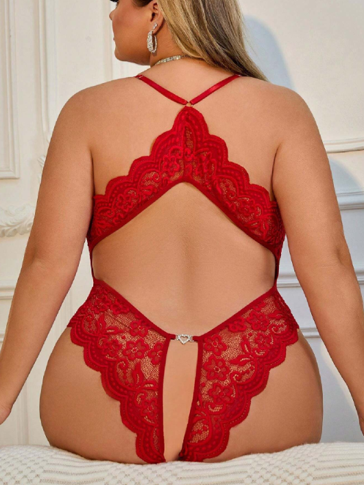Lencería Roja de encaje talla grande, body con decoración de corazón hueco