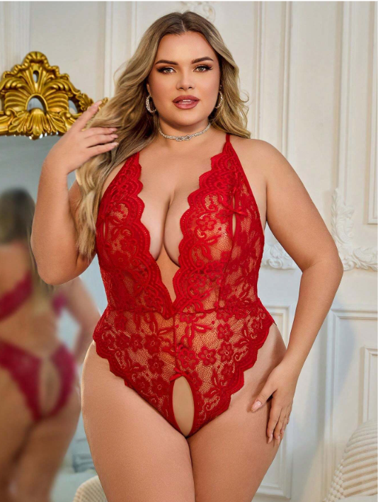 Lencería Roja de encaje talla grande, body con decoración de corazón hueco