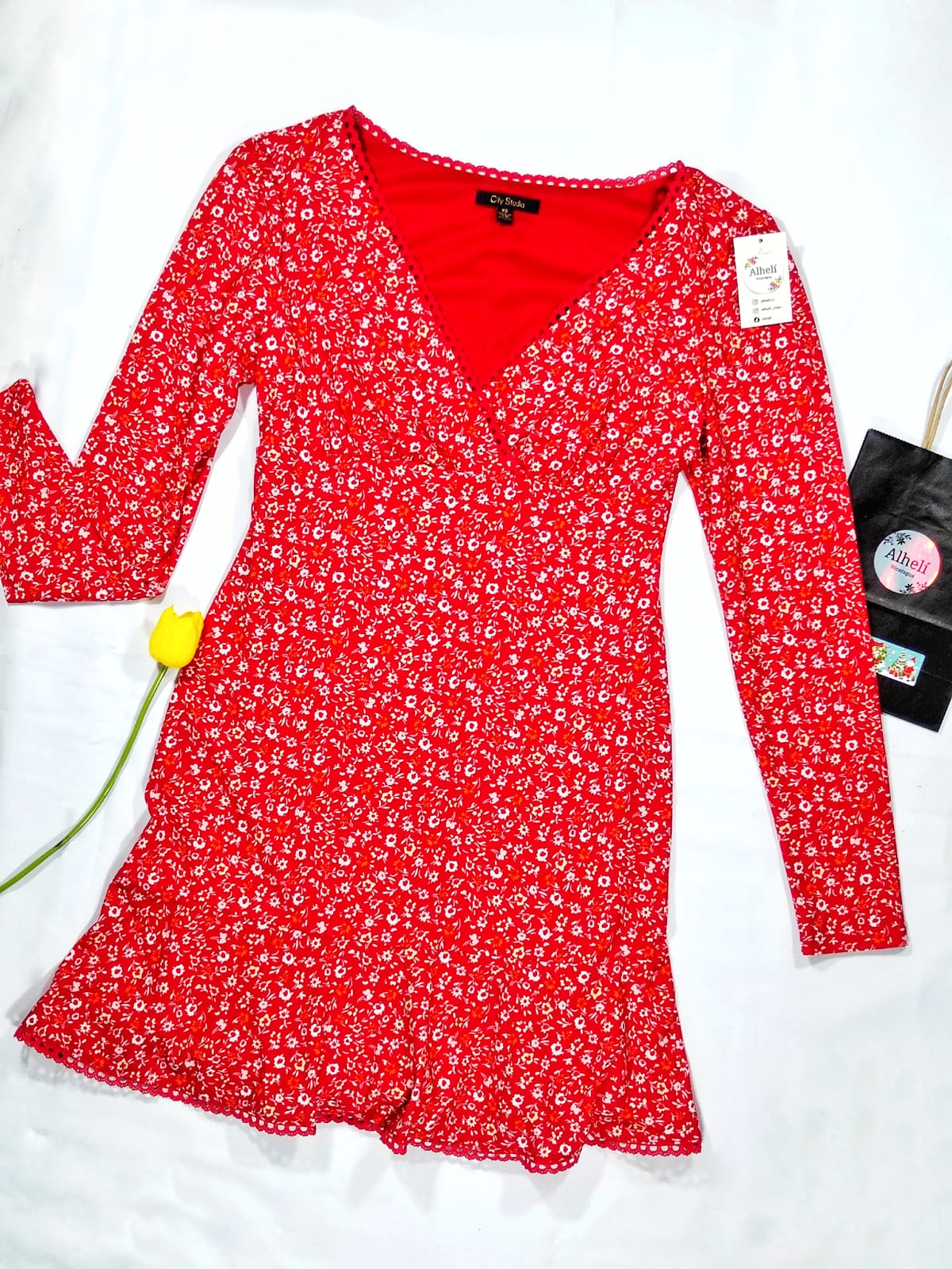 Vestido rojo manga larga.