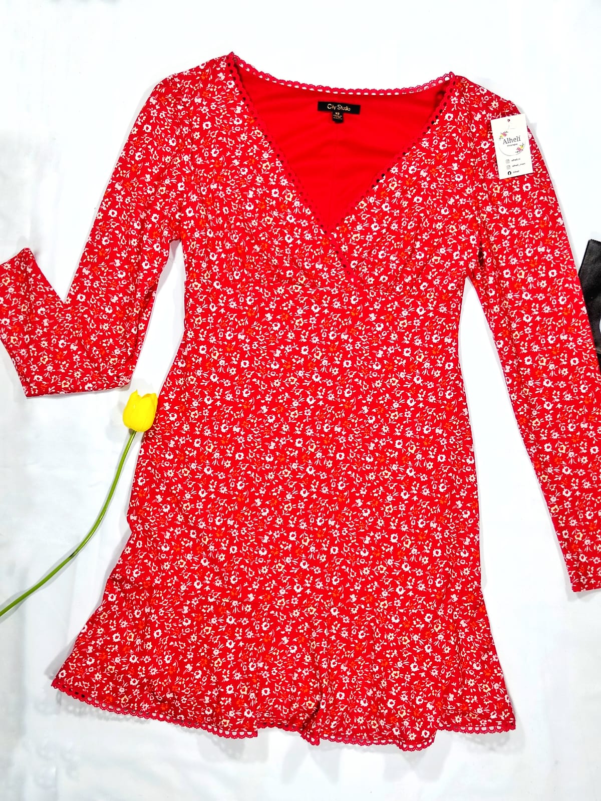 Vestido rojo manga larga.
