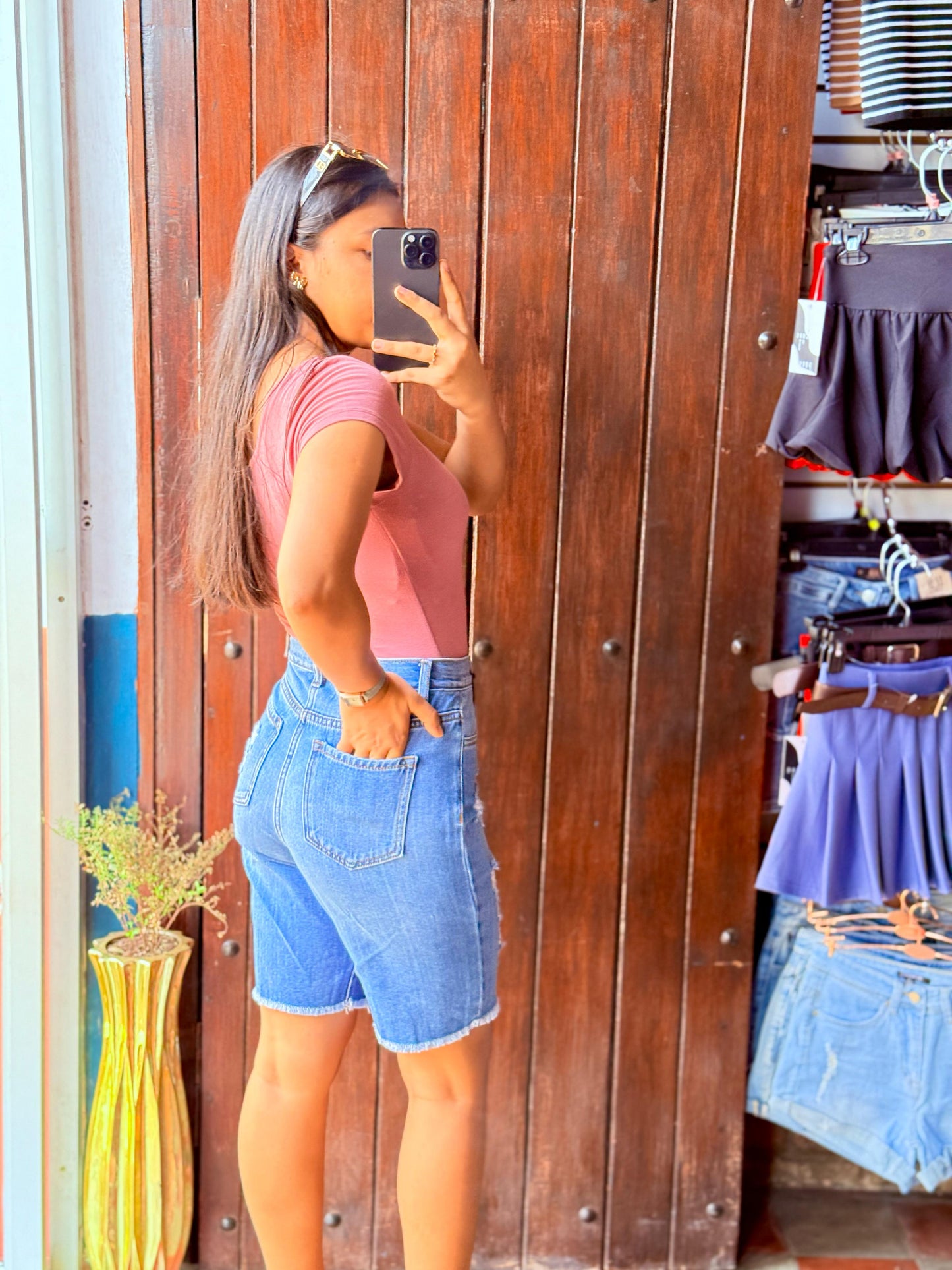 Short Jeans Azul Talle alto Rasgado/Deshilchado
