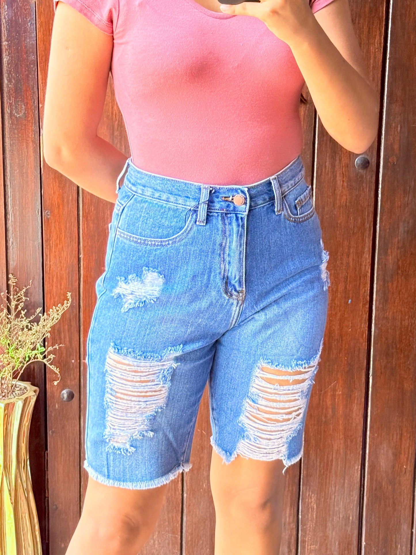 Short Jeans Azul Talle alto Rasgado/Deshilchado