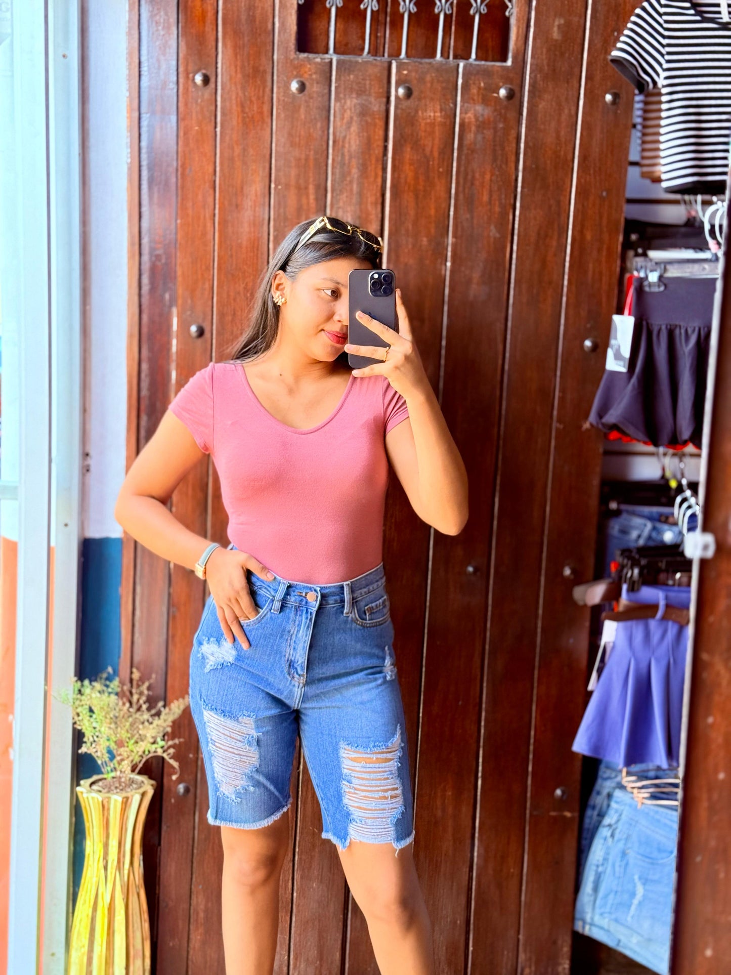 Short Jeans Azul Talle alto Rasgado/Deshilchado