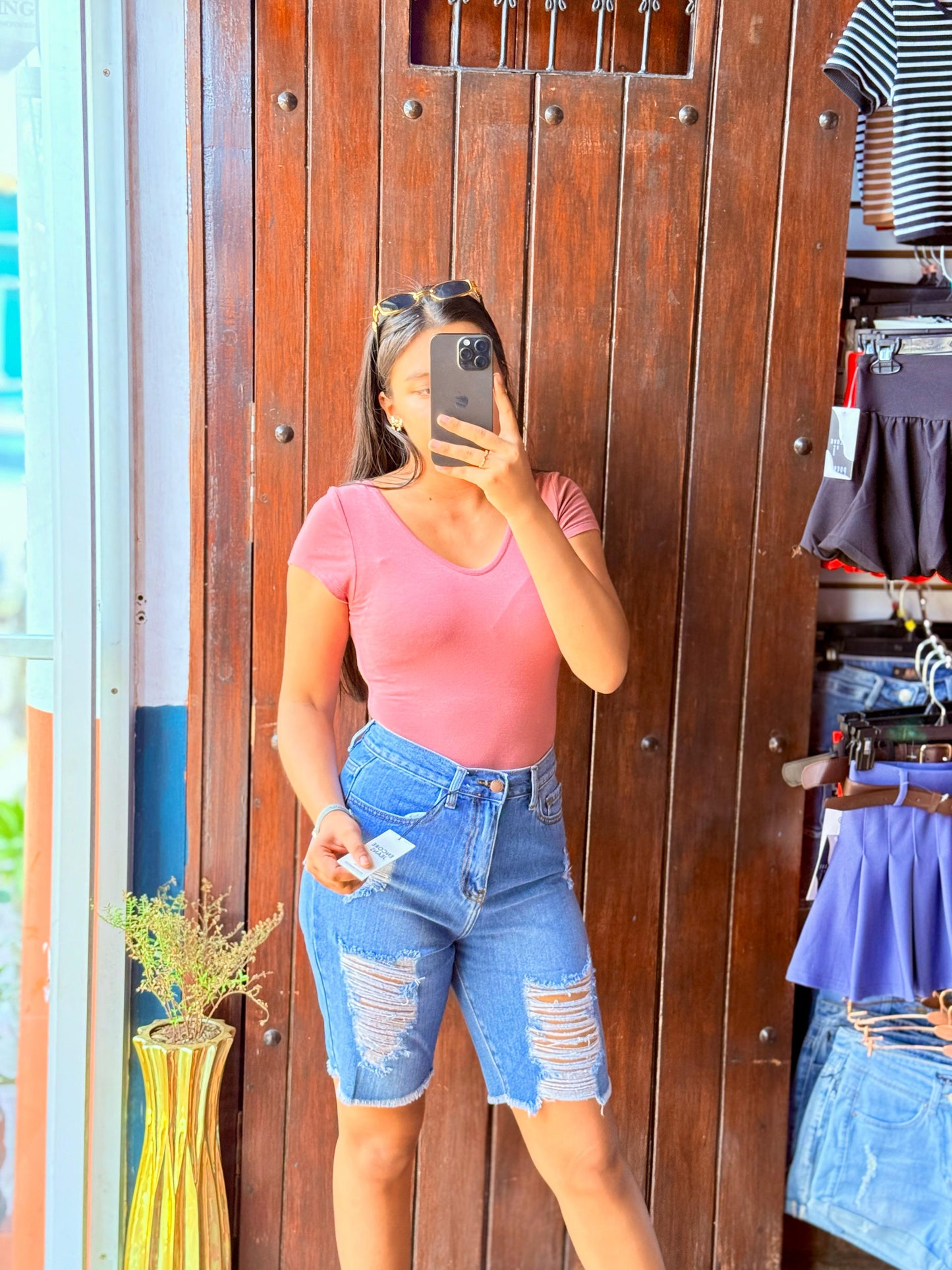 Short Jeans Azul Talle alto Rasgado/Deshilchado