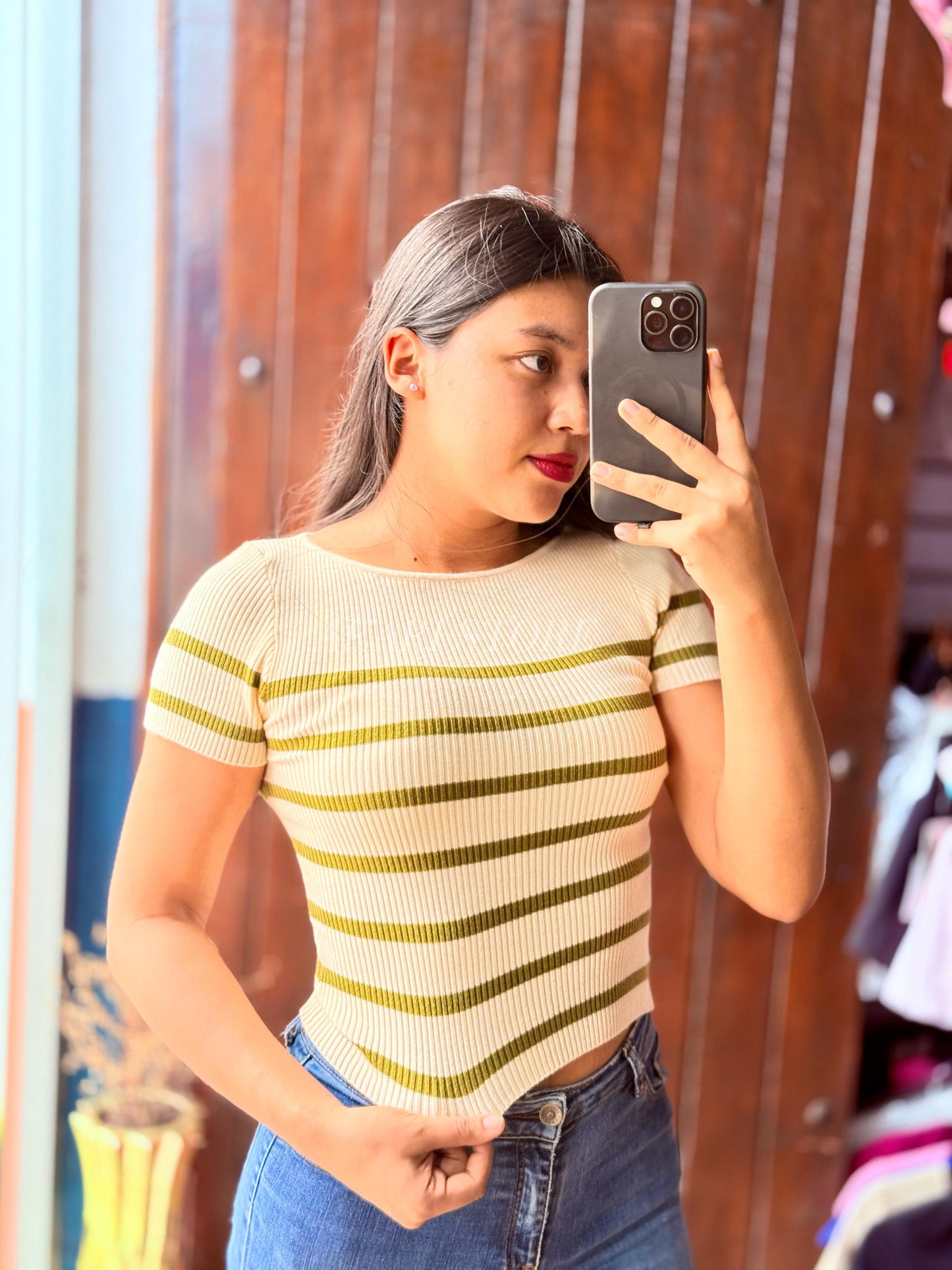 Crop top rayado Con Mangas