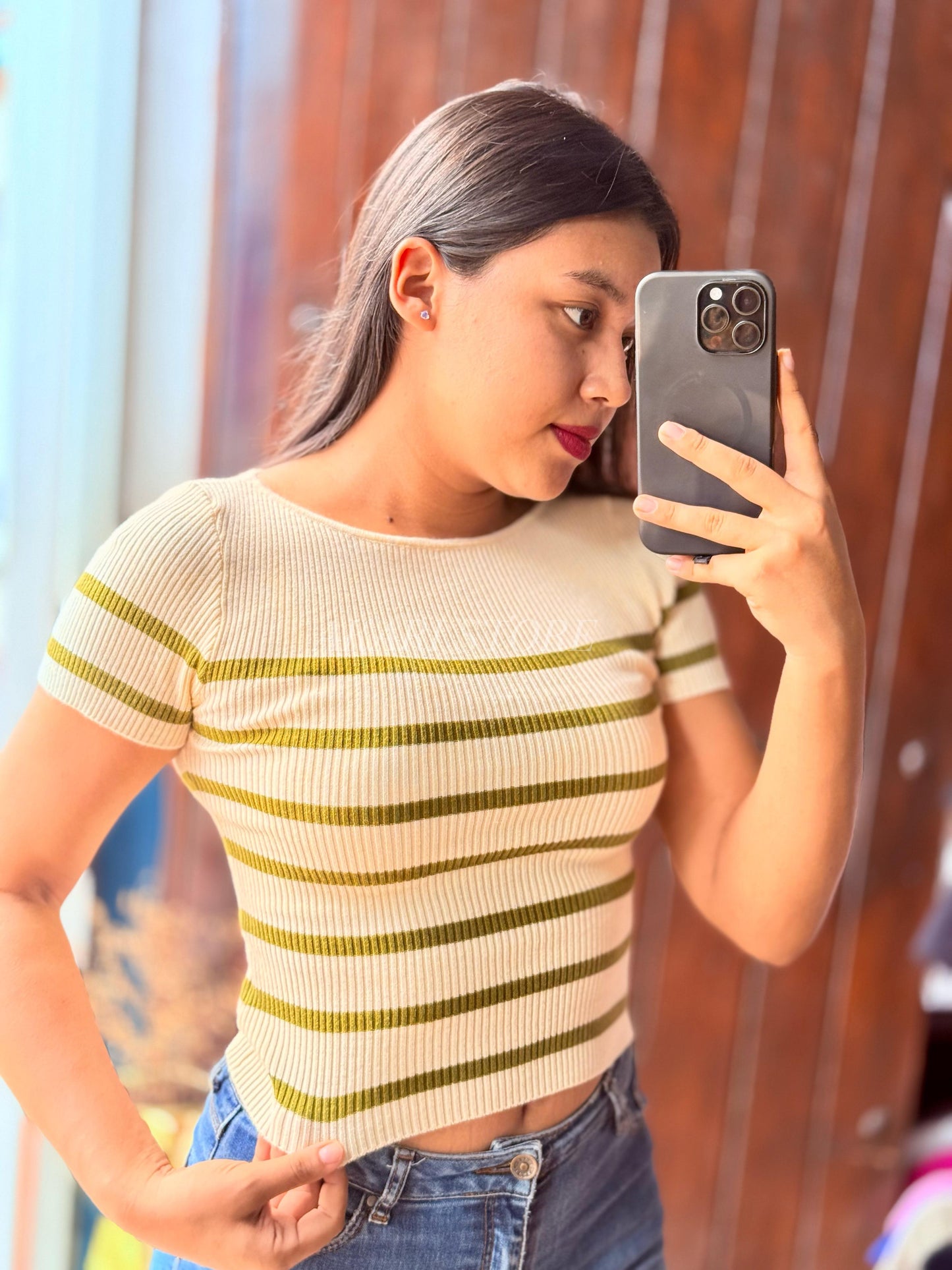 Crop top rayado Con Mangas