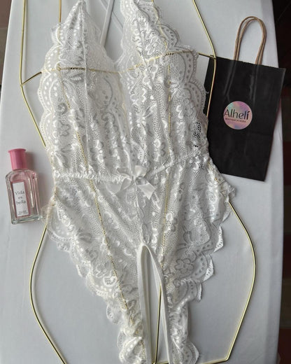 Lencería Blanco Body con entrepierna abierta y espalda cruzada con encaje