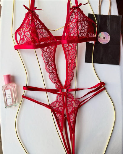 Lencería Roja De Encaje Sexy Para Mujer Con Cuerpo Entero Sin Alambre