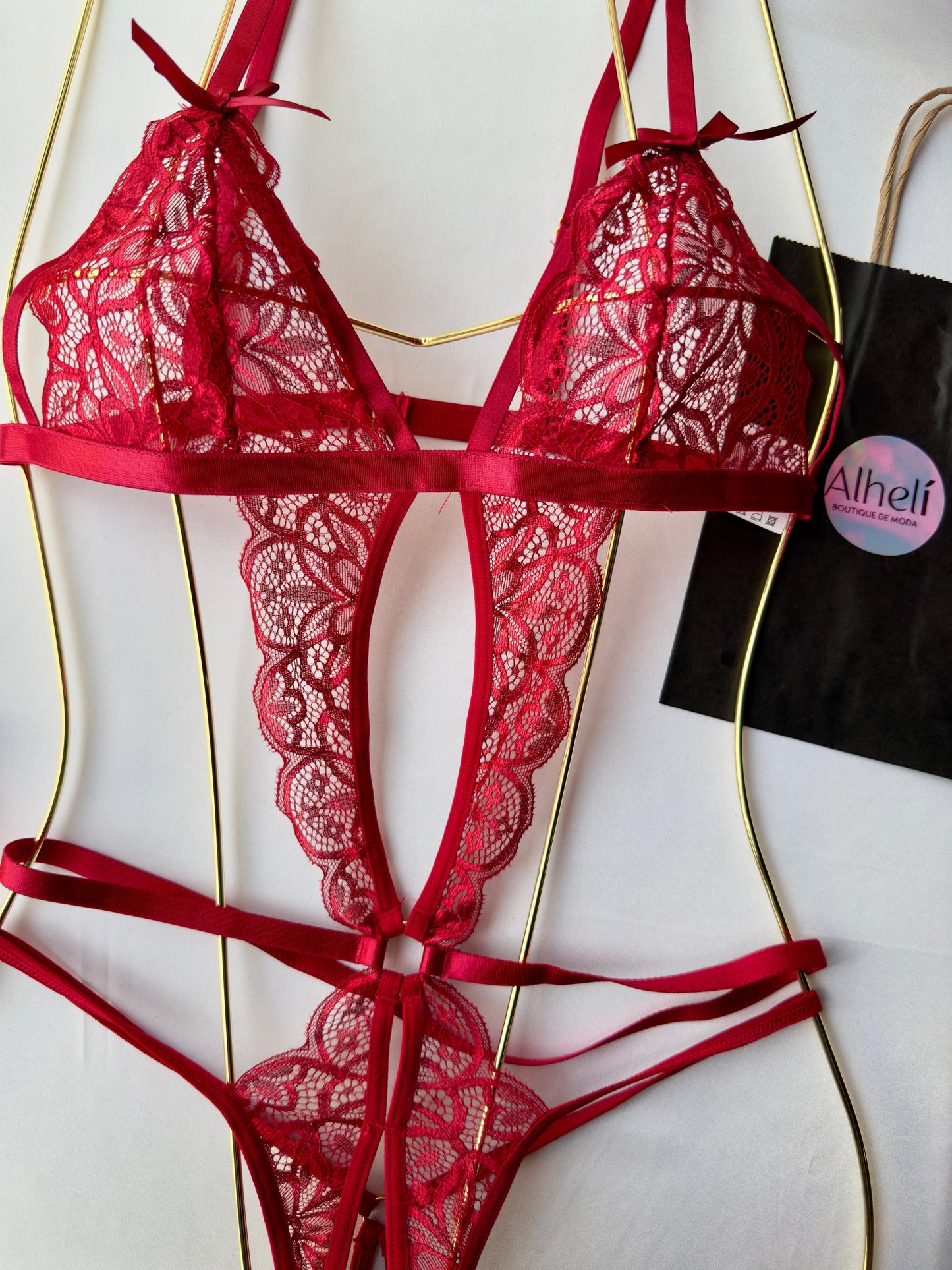 Lencería Roja De Encaje Sexy Para Mujer Con Cuerpo Entero Sin Alambre