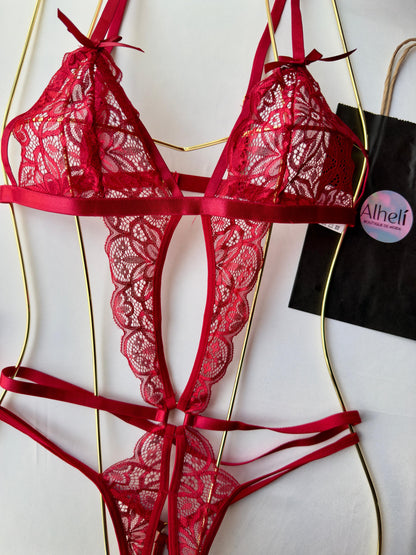 Lencería Roja De Encaje Sexy Para Mujer Con Cuerpo Entero Sin Alambre