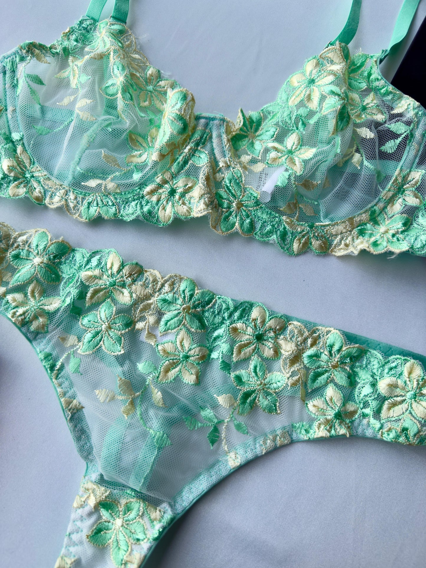 Lenceria verde con bordado floral romantica 2 piezas