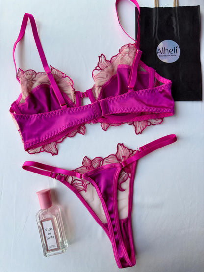 Lenceria rosado bloque de color calado y bordado 2 piezas