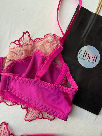 Lenceria rosado bloque de color calado y bordado 2 piezas
