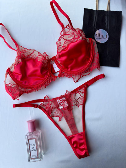 Lencería rojo bloque de color calado y bordado 2 piezas