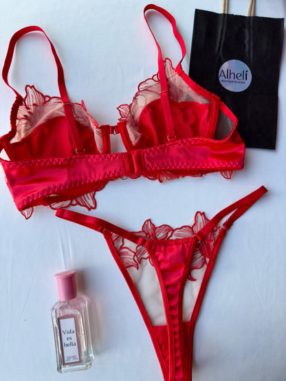 Lencería rojo bloque de color calado y bordado 2 piezas