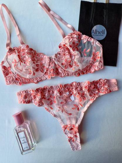 Lenceria rojo con bordado floral romantica 2 piezas