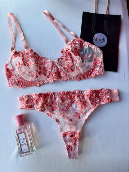 Lenceria rojo con bordado floral romantica 2 piezas