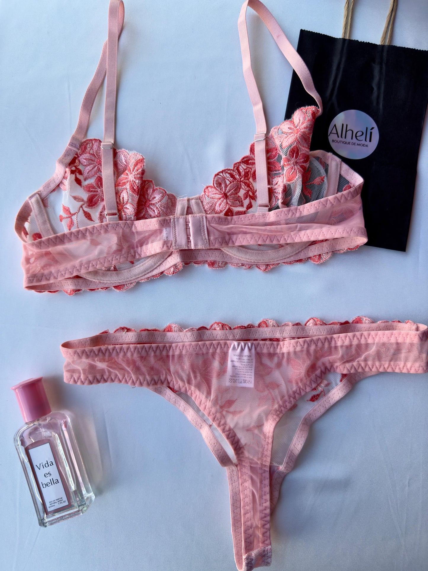 Lenceria rojo con bordado floral romantica 2 piezas
