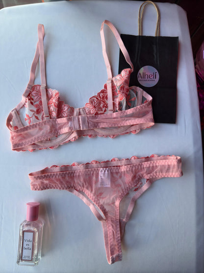 Lenceria rojo con bordado floral romantica 2 piezas