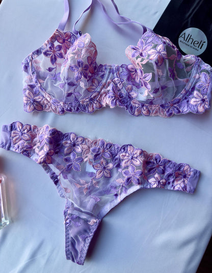 Lenceria morado con bordado floral romantica 2 piezas