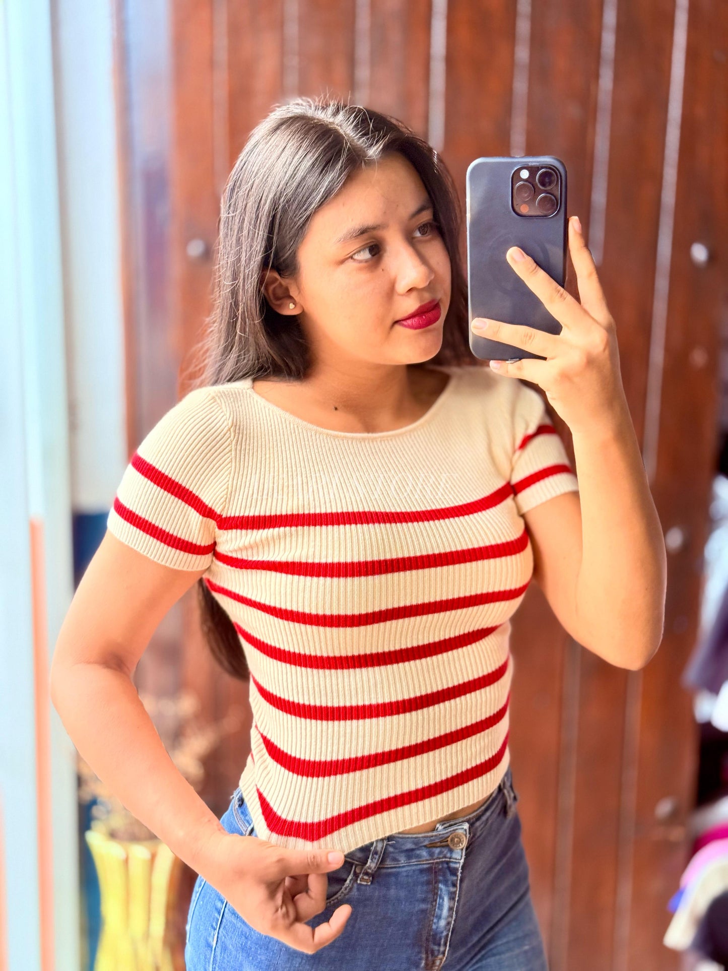 Crop top rayado Con Mangas