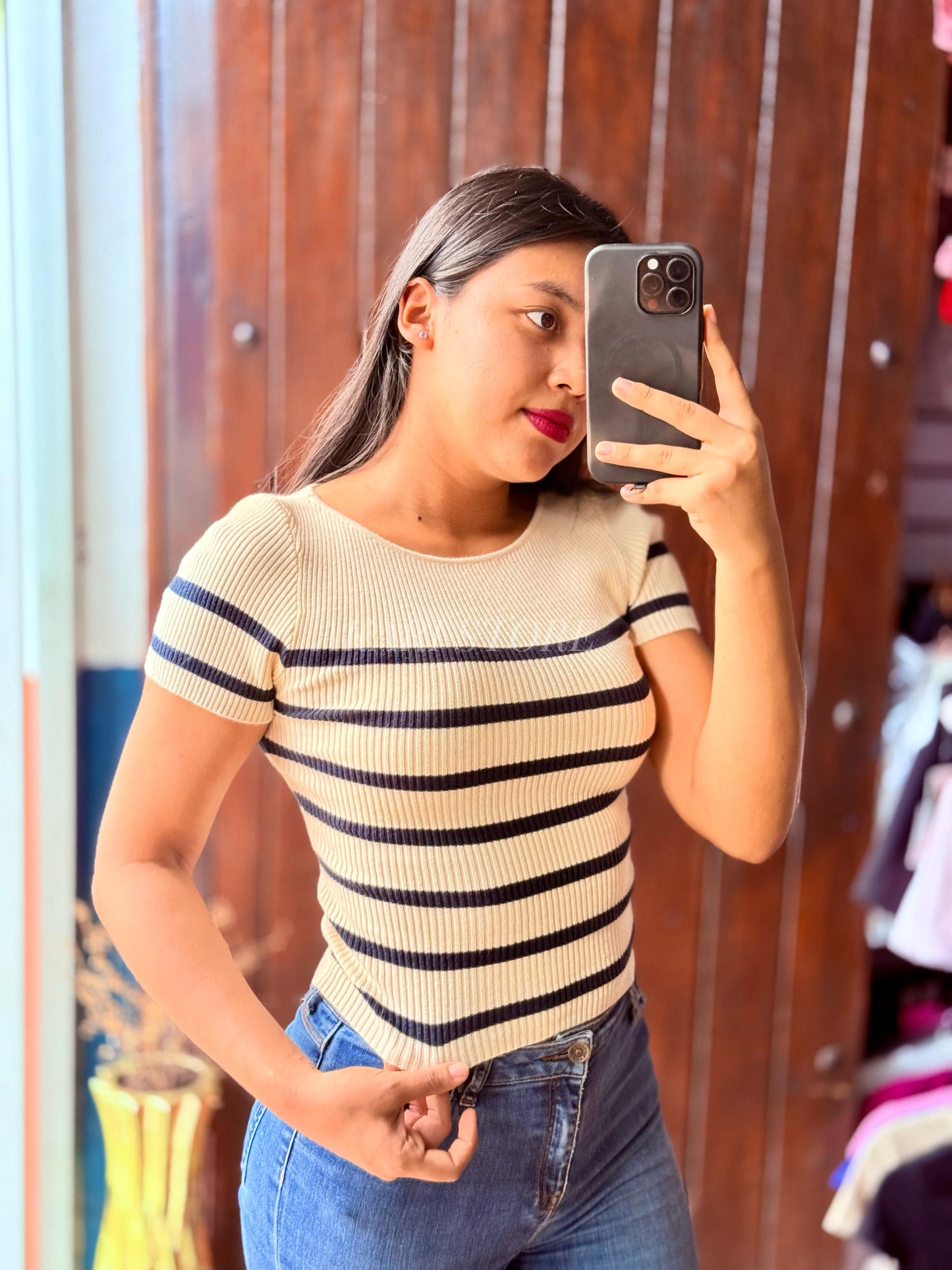 Crop top rayado Con Mangas