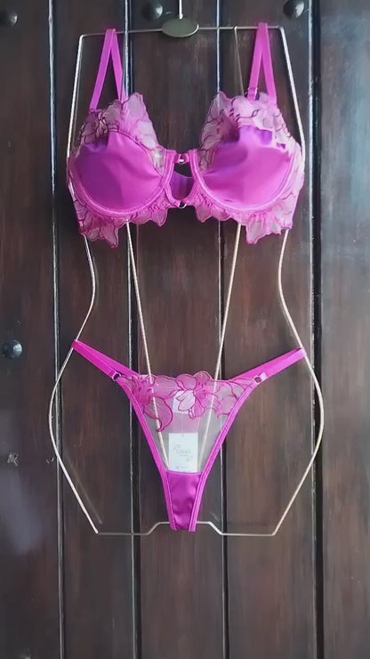 Lenceria rosado bloque de color calado y bordado 2 piezas