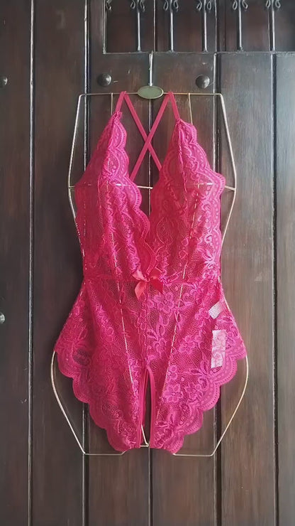 Lencería Roja Sexy Para Mujer Con Cuello Halter, Encaje, Body Sin Espalda Con Tanga